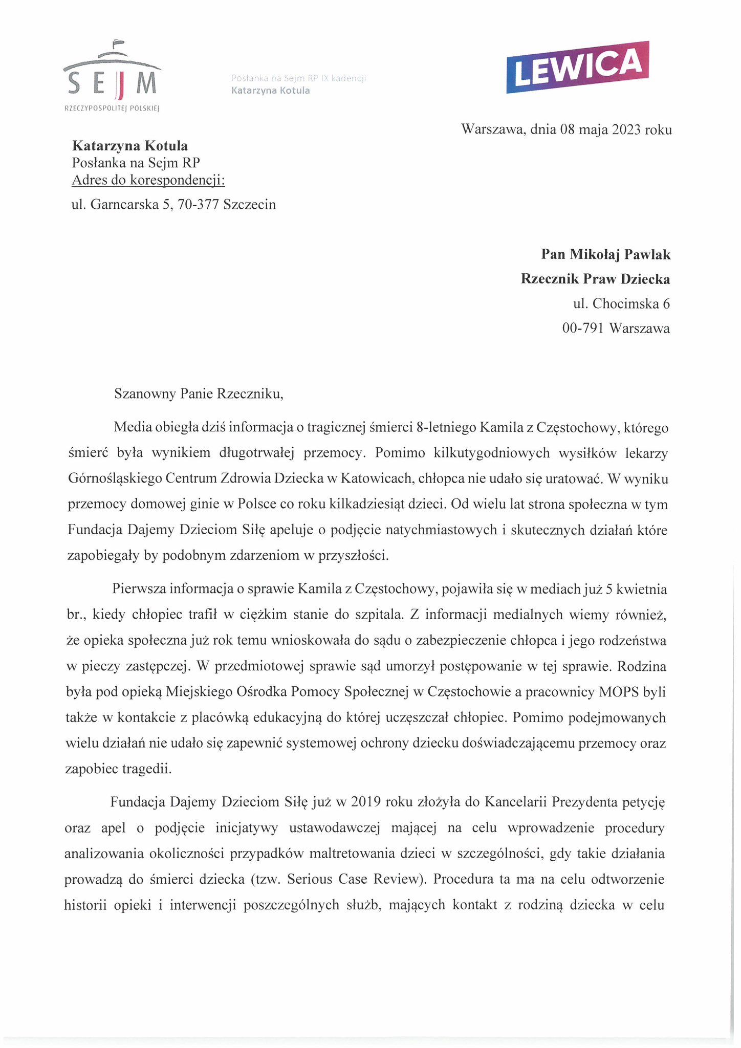 pismo Rzecznik Praw Dziecka 080523